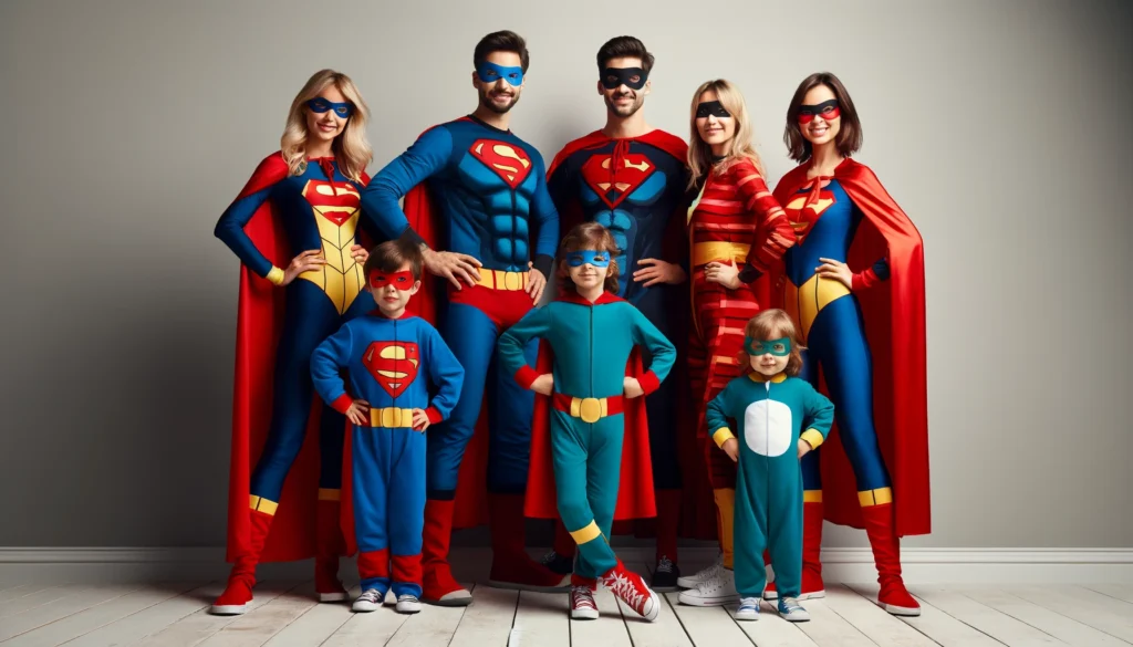 This photo is used to represent family classic superhero costumes.